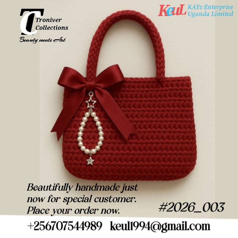 Red Crochet Bow Handbag with Pearl Charm