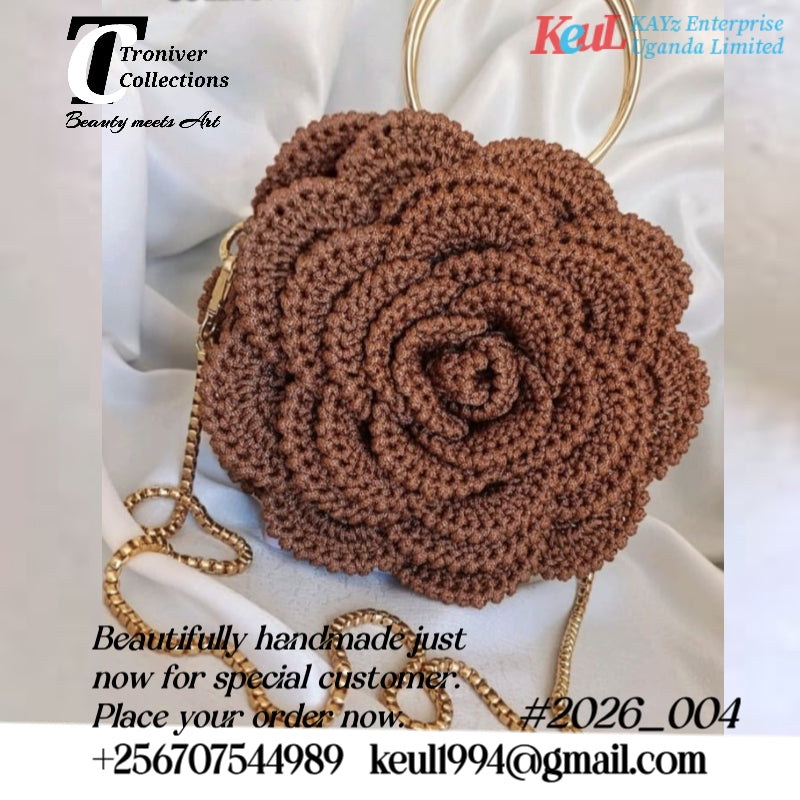 Brown Rose Crochet Handbag (Chain Strap)