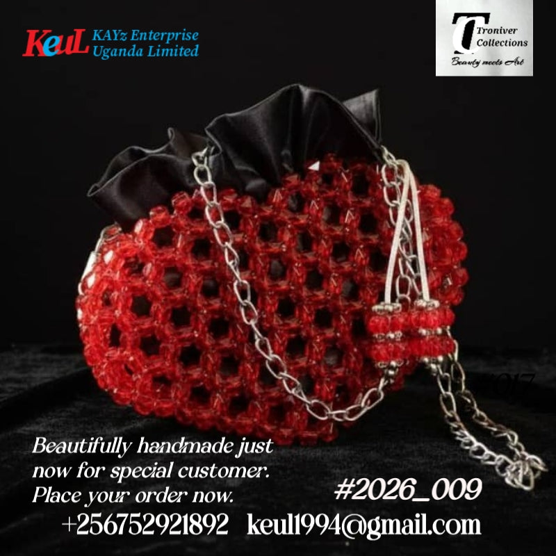 Red Hexagon Beaded Handbag (Black Top)