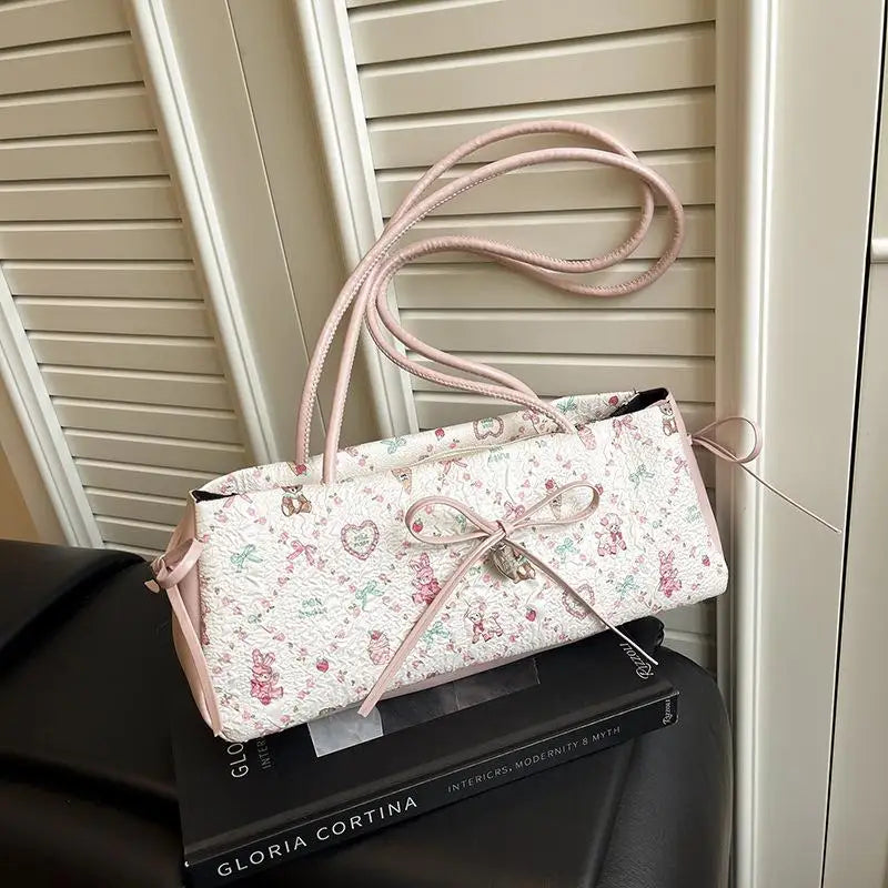 Sweet Bow Shoulder Bag Cartoon Print Underarm Bag Female Tote Bag Versatile Large Capacity Commuter Handbag Holiday Gift