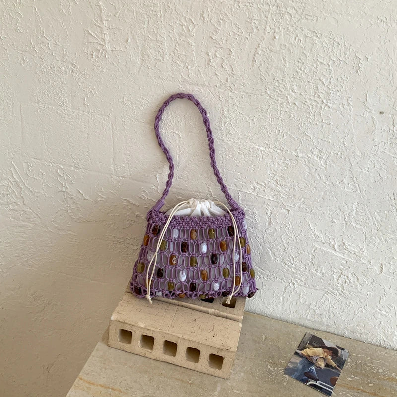 Handmade Woven Beaded Lattice Handbag,high-end Fashion Openwork Bag With Wooden Handle,niche Casual Large Capacity Shoulder Bags
