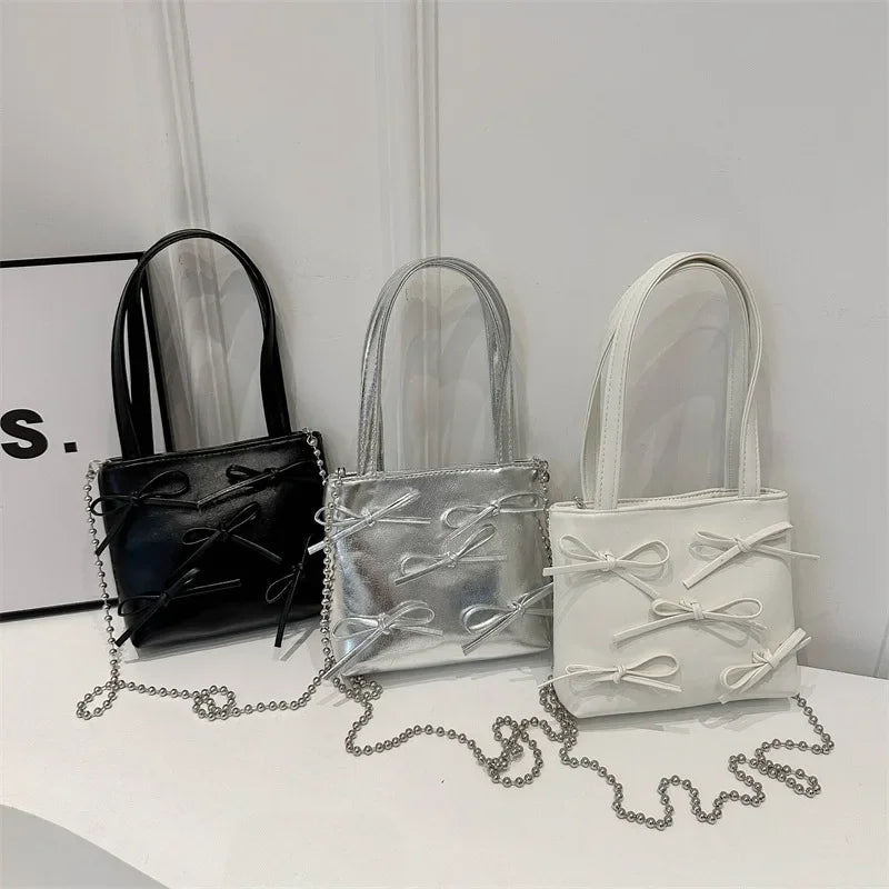 Bow Decoration Women's Simple Shoulder Bag Solid Colour Female Small Crossbody Bags Handle Clutch Ladies Tote Purse Handbags