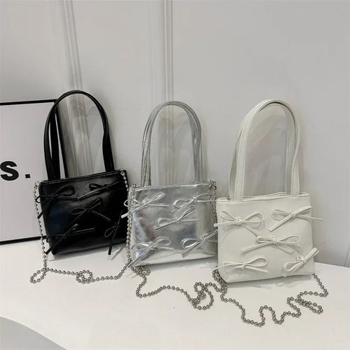 Bow Decoration Women's Simple Shoulder Bag Solid Colour Female Small Crossbody Bags Handle Clutch Ladies Tote Purse Handbags