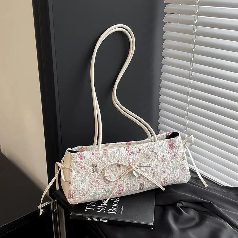 Sweet Bow Shoulder Bag Cartoon Print Underarm Bag Female Tote Bag Versatile Large Capacity Commuter Handbag Holiday Gift