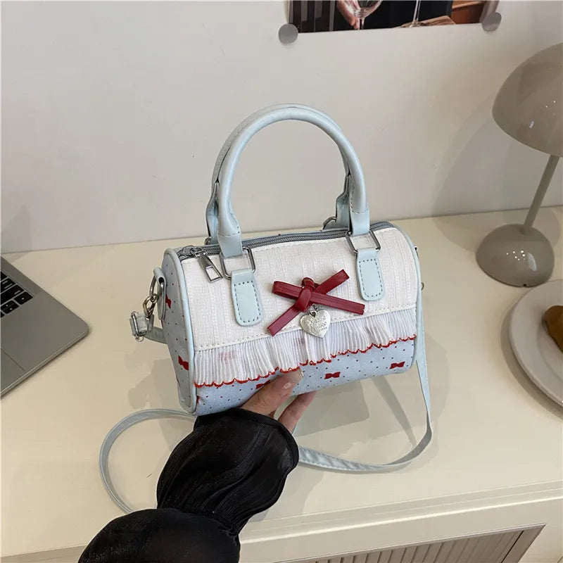 Korean Bow Polka Dot Bag Fashion Bowler Bag Color-blocked Lace Y2k Style Handbag Retro Sweet Plaid Crossbody Zipper Shoulder Bag