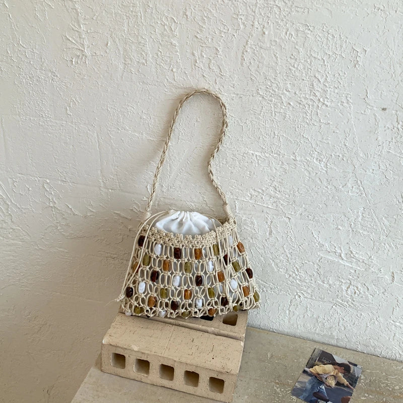 Handmade Woven Beaded Lattice Handbag,high-end Fashion Openwork Bag With Wooden Handle,niche Casual Large Capacity Shoulder Bags