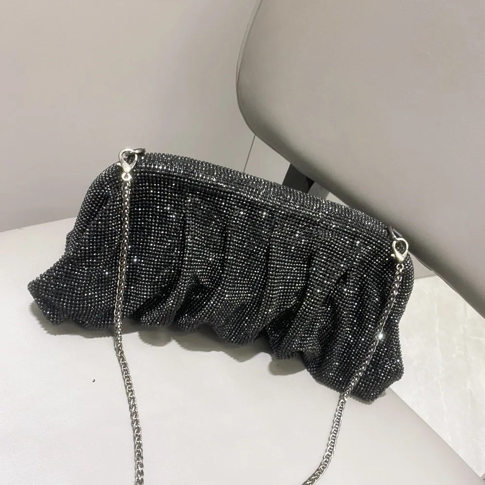 Elegant Shiny Rhinestone Evening Clutch Bags Women New Folds Crystal Clip Purses and Handbags Designer Wedding Party