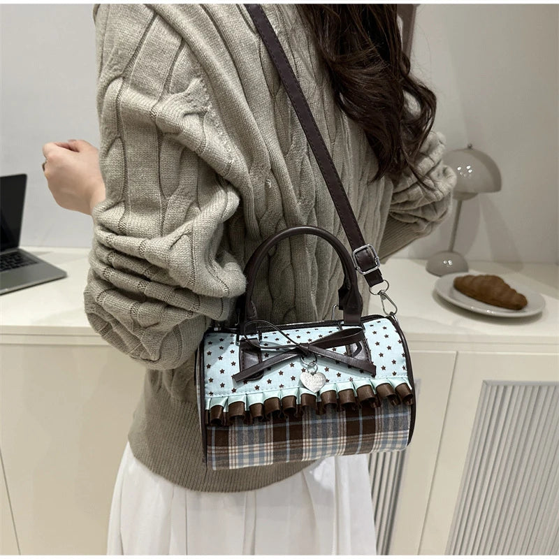 Korean Bow Polka Dot Bag Fashion Bowler Bag Color-blocked Lace Y2k Style Handbag Retro Sweet Plaid Crossbody Zipper Shoulder Bag