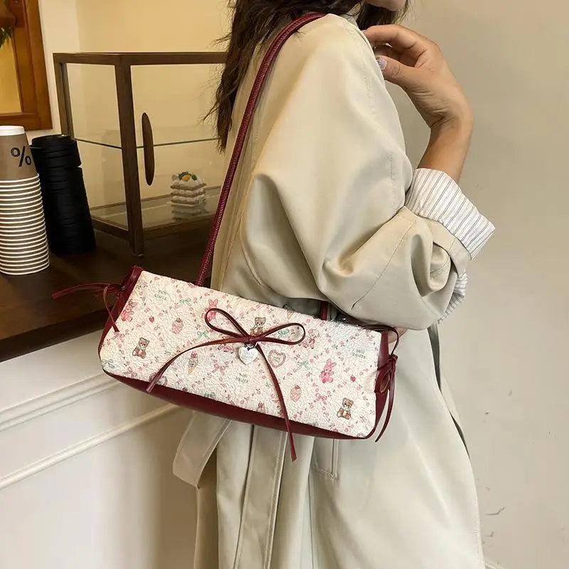 Sweet Bow Shoulder Bag Cartoon Print Underarm Bag Female Tote Bag Versatile Large Capacity Commuter Handbag Holiday Gift