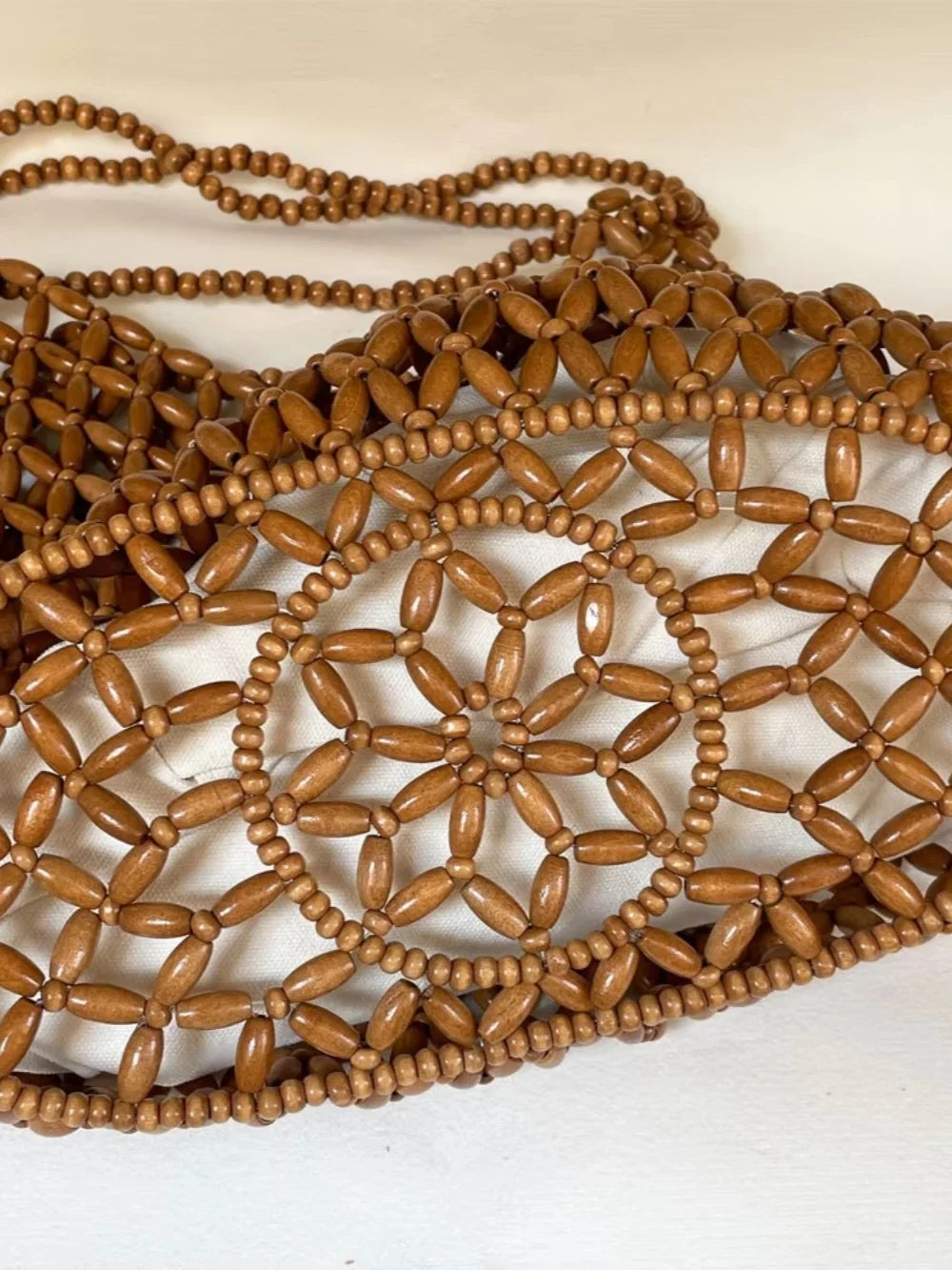 Handmade Woven Beaded Handbag For Women Exquisite Hollow-out Wooden Beaded Shoulder Bag Female Beach Bag