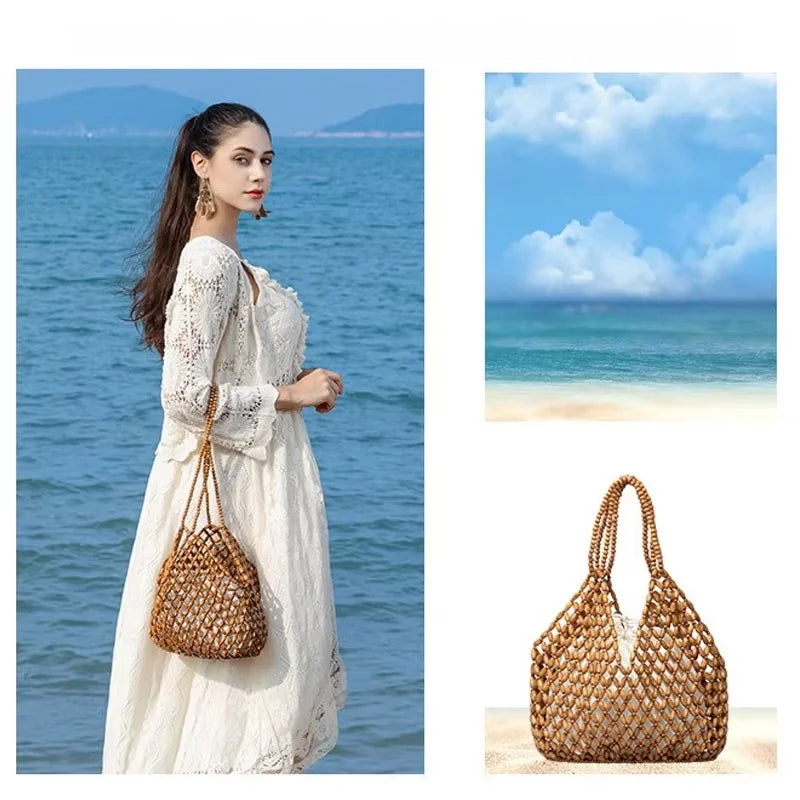 Handmade Woven Beaded Handbag For Women Exquisite Hollow-out Wooden Beaded Shoulder Bag Female Beach Bag