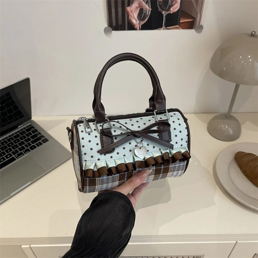 Vintage Portable Bow Polka Dot Handbag Color-blocked Lace Trim Bowler Bag Lightweight Exquisite Crossbody Bag Daily Use