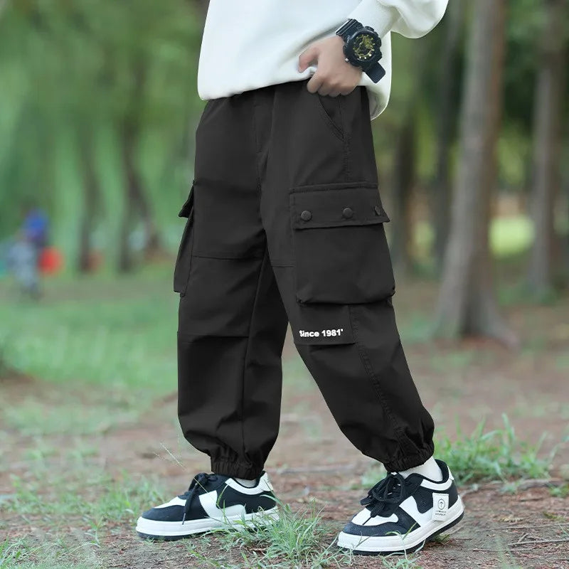 Spring Autumn Teenage Boys Cargo Pants Kids Fashion Windproof Waterproof Outdoor Trousers For 4-14 Years Children Casual Outfits