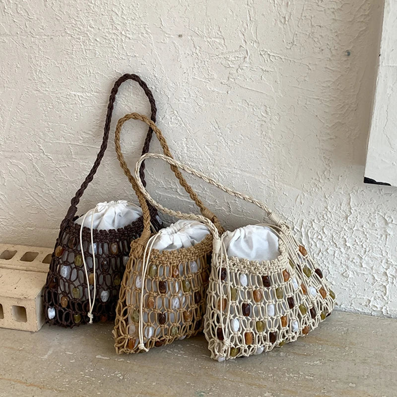 Handmade Woven Beaded Lattice Handbag,high-end Fashion Openwork Bag With Wooden Handle,niche Casual Large Capacity Shoulder Bags