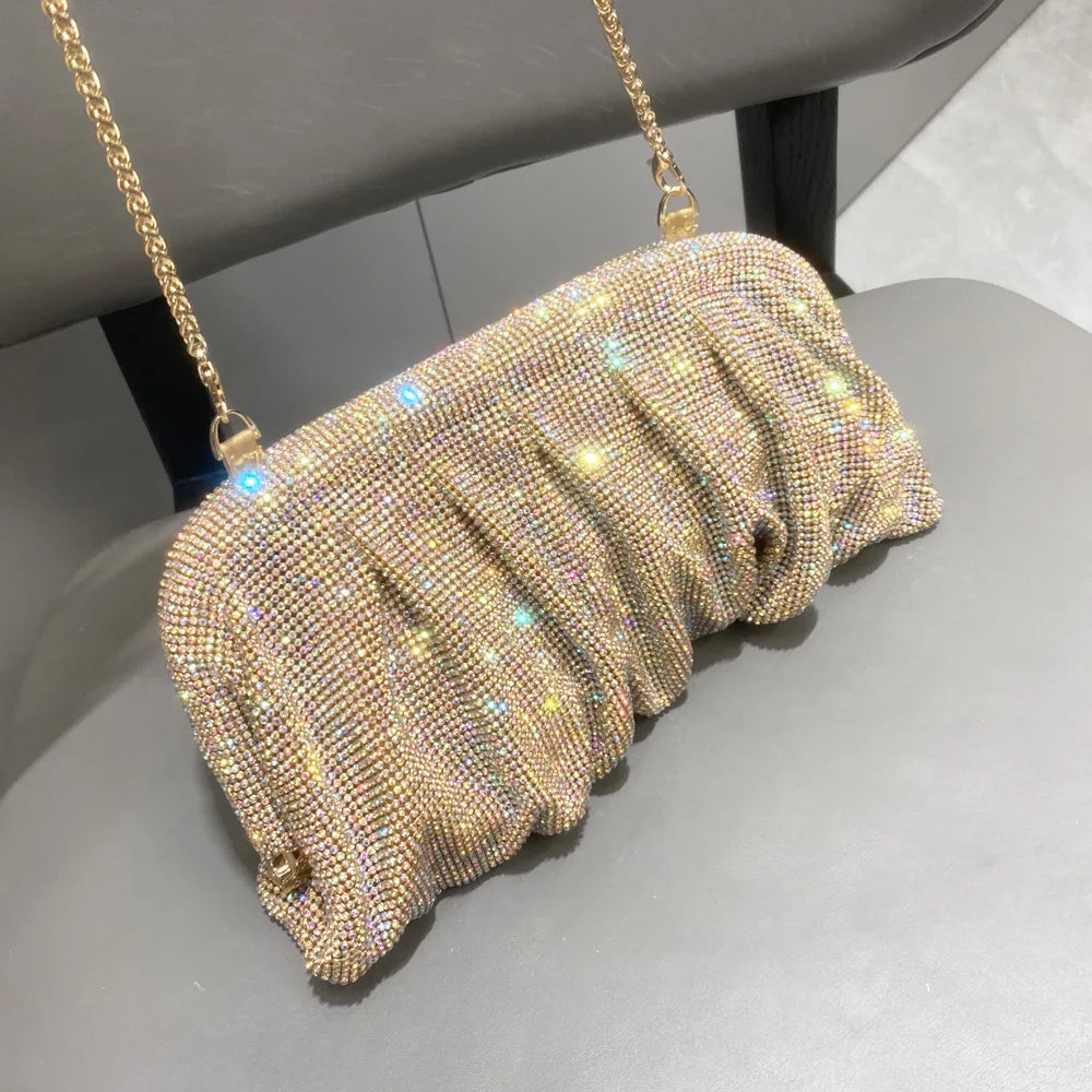 Elegant Shiny Rhinestone Evening Clutch Bags Women New Folds Crystal Clip Purses and Handbags Designer Wedding Party
