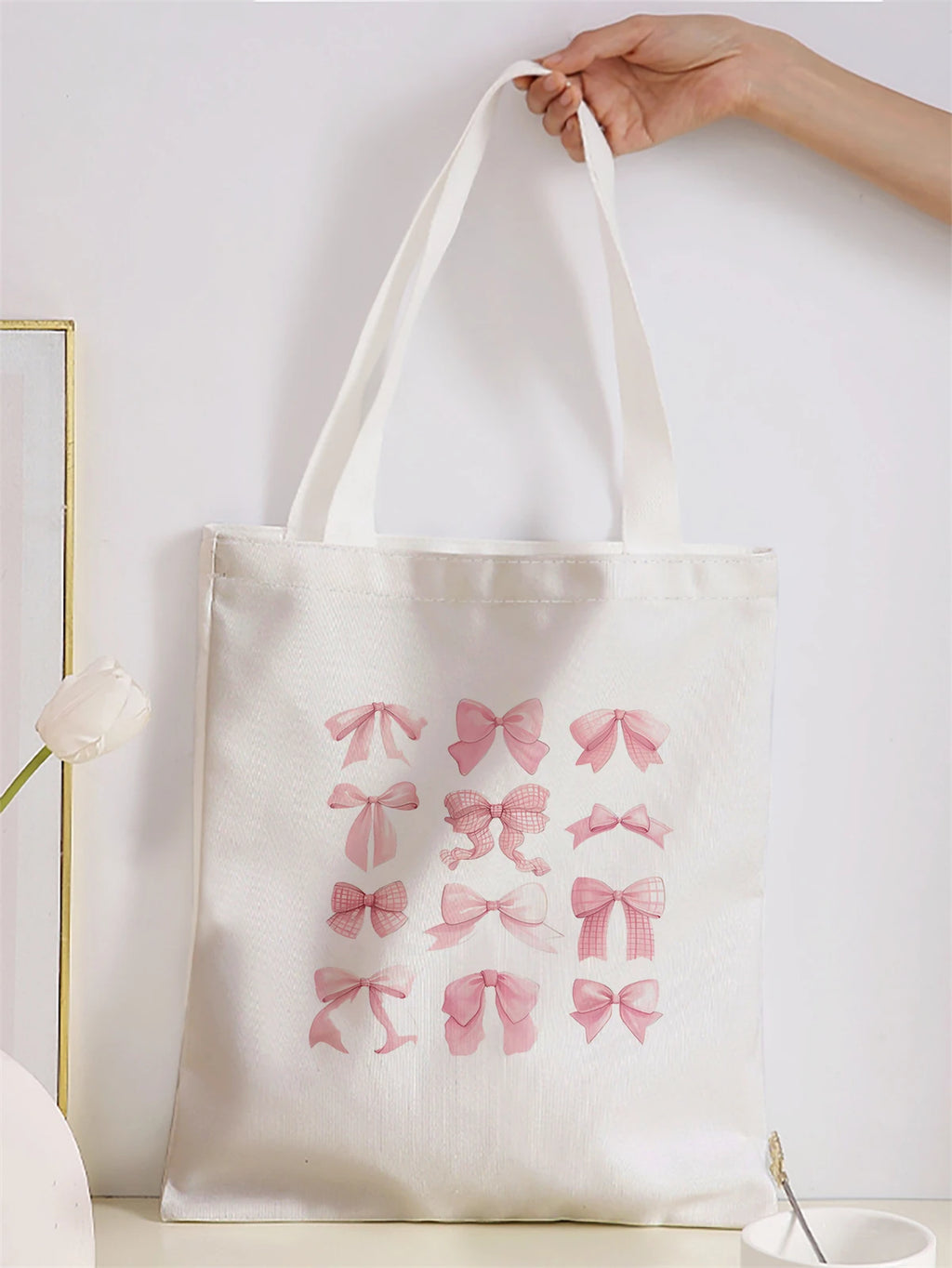 Bow pattern printed casual handbag, reusable fashionable backpack, multifunctional handbag, canvas shopping bag