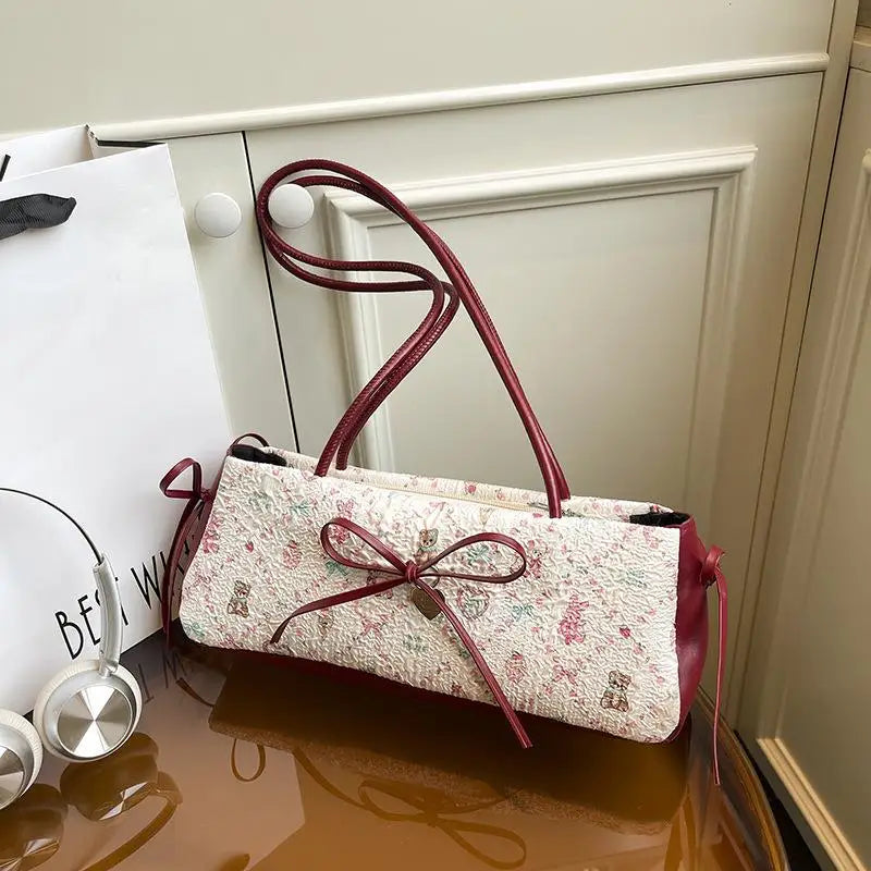 Sweet Bow Shoulder Bag Cartoon Print Underarm Bag Female Tote Bag Versatile Large Capacity Commuter Handbag Holiday Gift