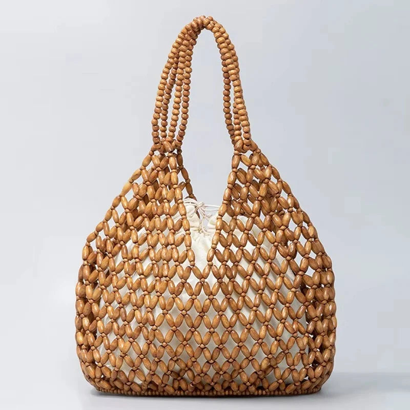 Handmade Woven Beaded Handbag For Women Exquisite Hollow-out Wooden Beaded Shoulder Bag Female Beach Bag