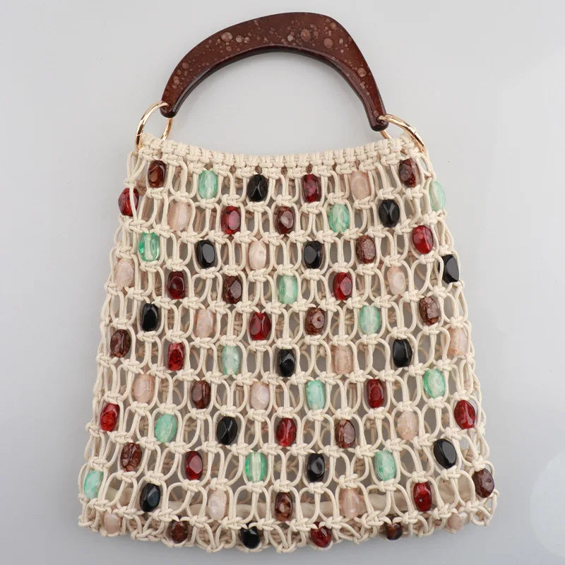 Handmade Woven Beaded Lattice Handbag,high-end Fashion Openwork Bag With Wooden Handle,niche Casual Large Capacity Shoulder Bags