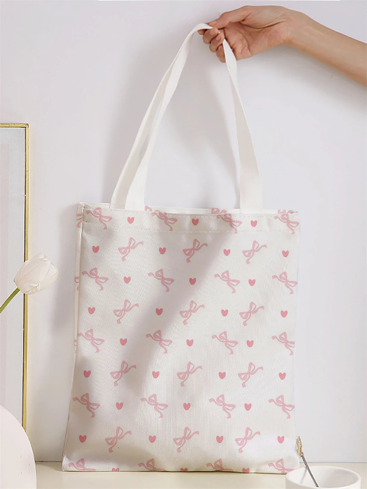 Bow pattern printed casual handbag, reusable fashionable backpack, multifunctional handbag, canvas shopping bag