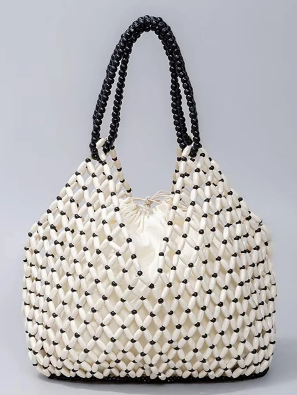 Handmade Woven Beaded Handbag For Women Exquisite Hollow-out Wooden Beaded Shoulder Bag Female Beach Bag