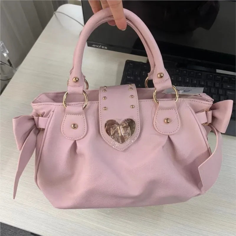 Sweet Bow Lolita Pink Hand Bag Purse Women Harajuku Love Heart Soft Crossbody Bag Lady Kawaii Large Capacity Shoulder Bag Female