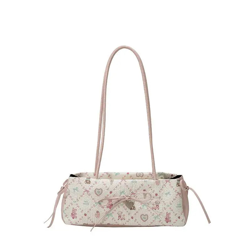 Sweet Bow Shoulder Bag Cartoon Print Underarm Bag Female Tote Bag Versatile Large Capacity Commuter Handbag Holiday Gift