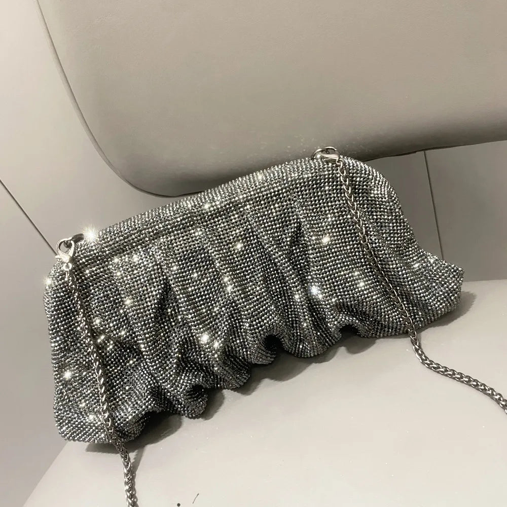 Elegant Shiny Rhinestone Evening Clutch Bags Women New Folds Crystal Clip Purses and Handbags Designer Wedding Party