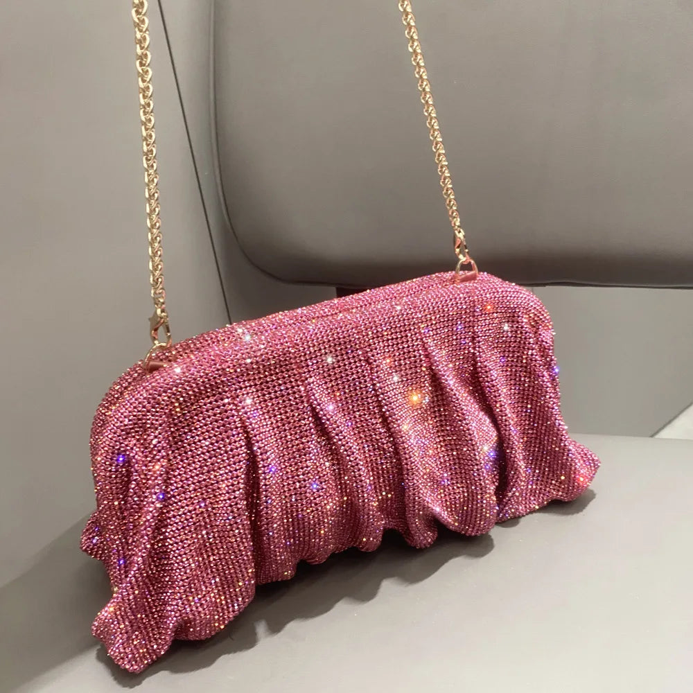 Elegant Shiny Rhinestone Evening Clutch Bags Women New Folds Crystal Clip Purses and Handbags Designer Wedding Party