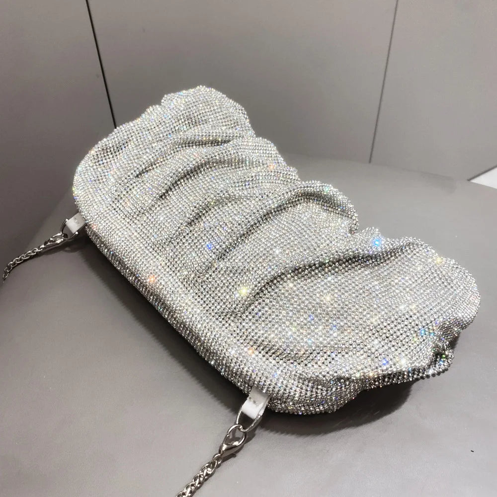Elegant Shiny Rhinestone Evening Clutch Bags Women New Folds Crystal Clip Purses and Handbags Designer Wedding Party