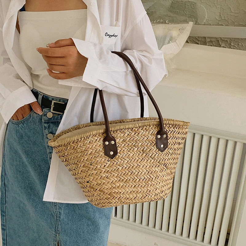 Handmade Women's Shoulder Bag Large Capacity Handbags Bohemian Summer Straw Beach Bag Female Shopper Basket Woven Tote Bags