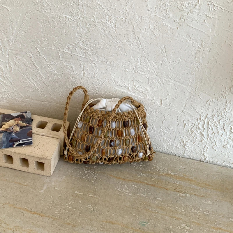 Handmade Woven Beaded Lattice Handbag,high-end Fashion Openwork Bag With Wooden Handle,niche Casual Large Capacity Shoulder Bags