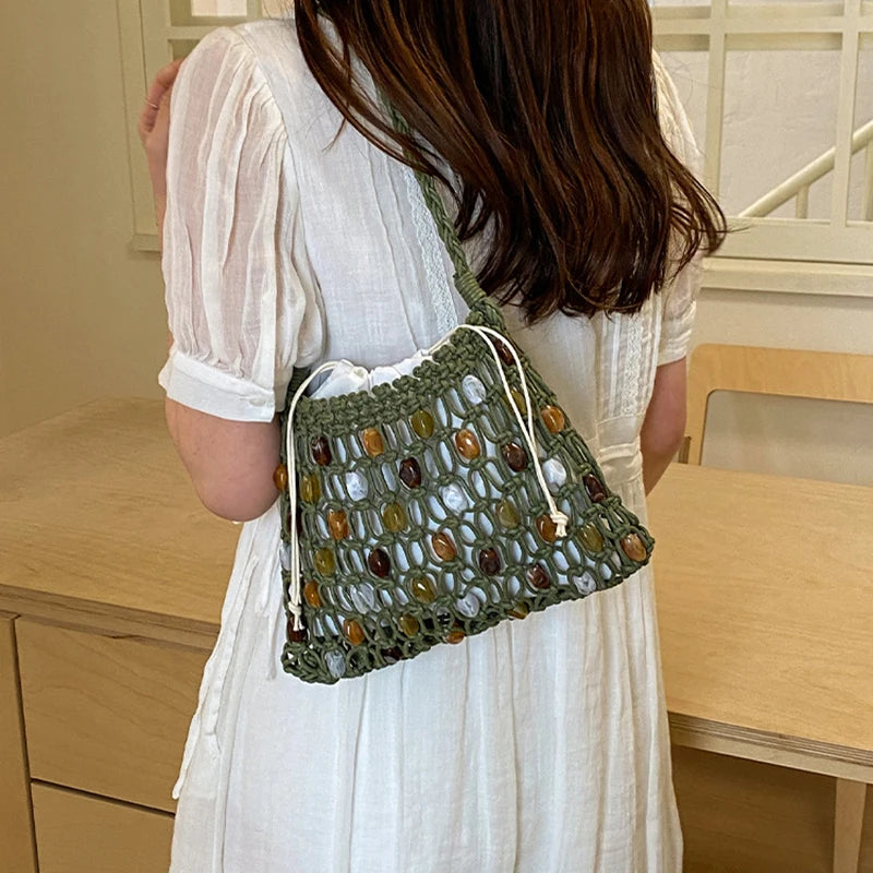 Handmade Woven Beaded Lattice Handbag,high-end Fashion Openwork Bag With Wooden Handle,niche Casual Large Capacity Shoulder Bags