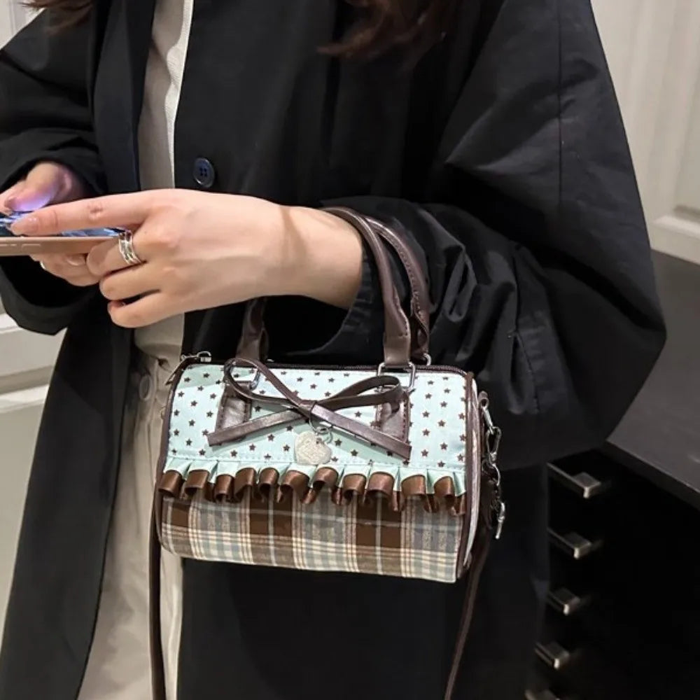 Vintage Portable Bow Polka Dot Handbag Color-blocked Lace Trim Bowler Bag Lightweight Exquisite Crossbody Bag Daily Use