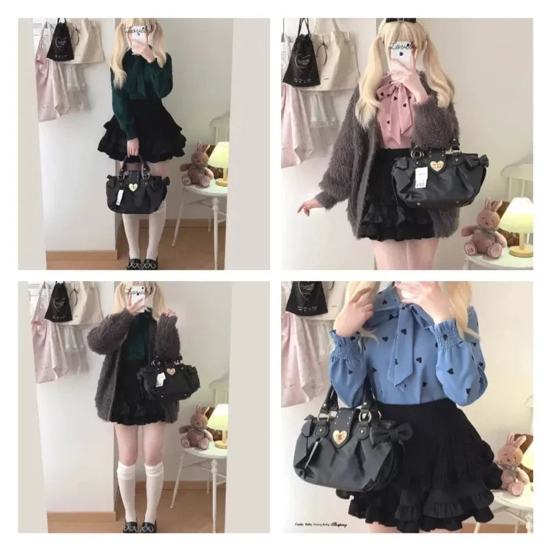 Sweet Bow Lolita Pink Hand Bag Purse Women Harajuku Love Heart Soft Crossbody Bag Lady Kawaii Large Capacity Shoulder Bag Female