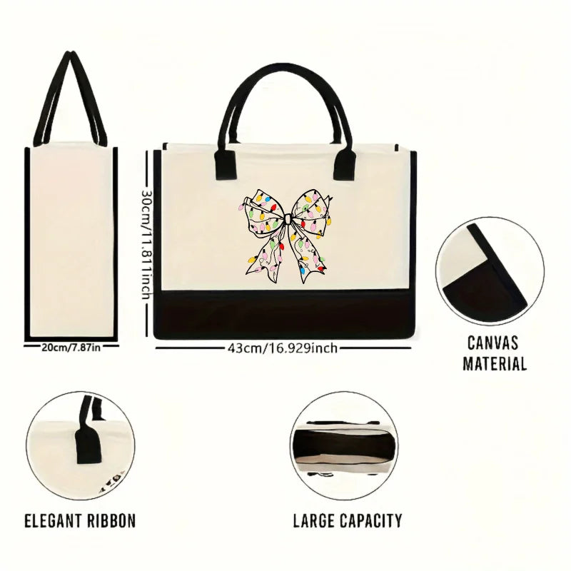 White canvas handbag with colorful bow print, suitable for daily use