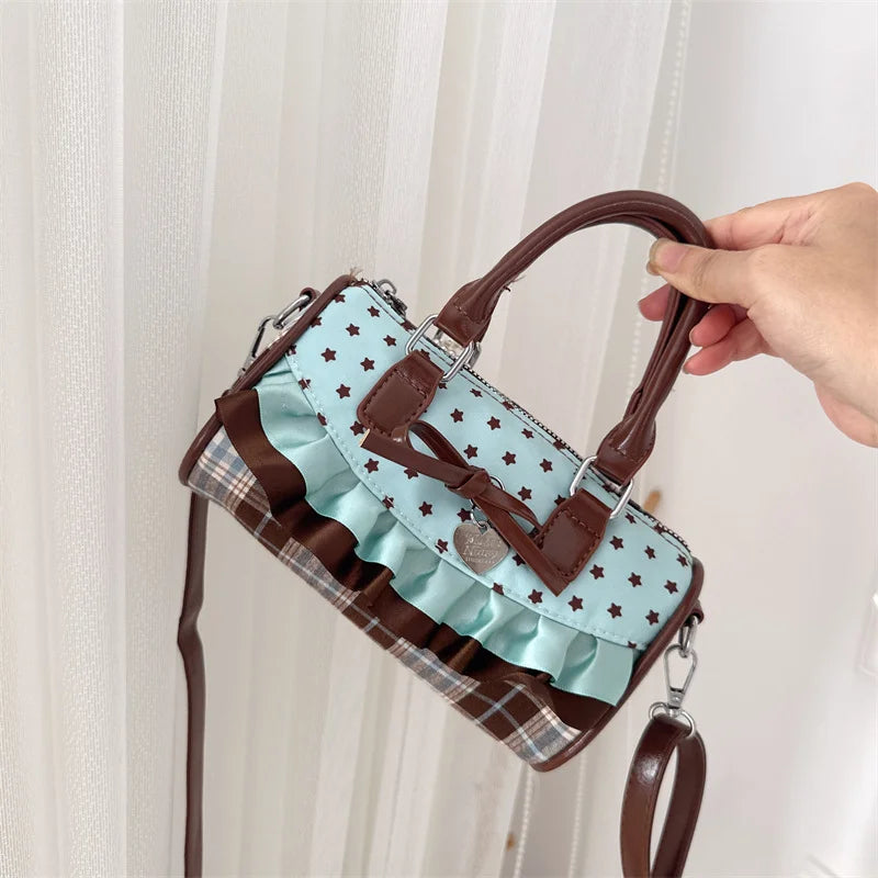 Korean Bow Polka Dot Bag Fashion Bowler Bag Color-blocked Lace Y2k Style Handbag Retro Sweet Plaid Crossbody Zipper Shoulder Bag