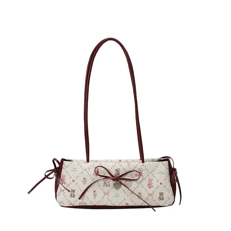Sweet Bow Shoulder Bag Cartoon Print Underarm Bag Female Tote Bag Versatile Large Capacity Commuter Handbag Holiday Gift