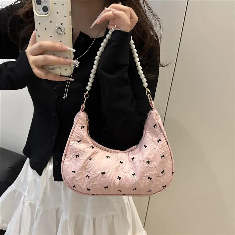 Unique Fashion Bow Handbag with Wrinkled Design Versatile Shoulder Underarm Purse for Women