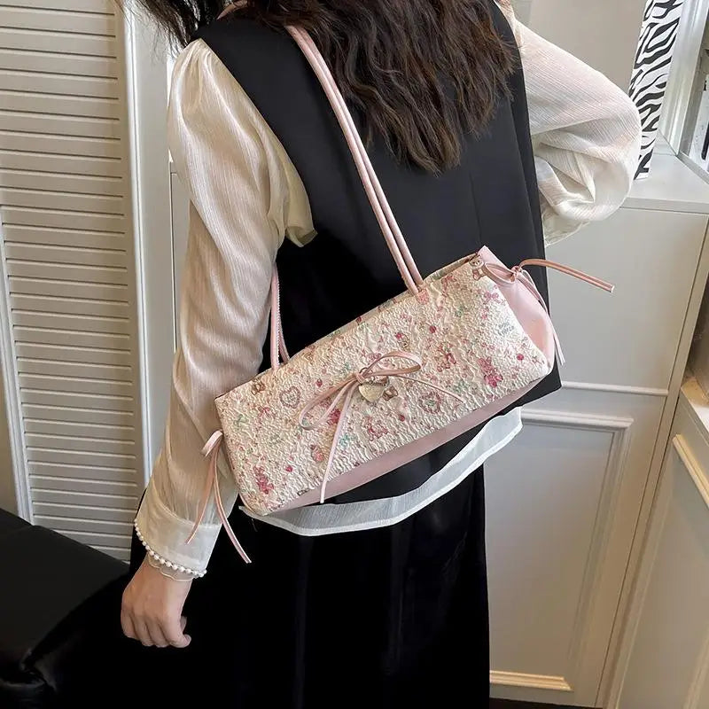 Sweet Bow Shoulder Bag Cartoon Print Underarm Bag Female Tote Bag Versatile Large Capacity Commuter Handbag Holiday Gift