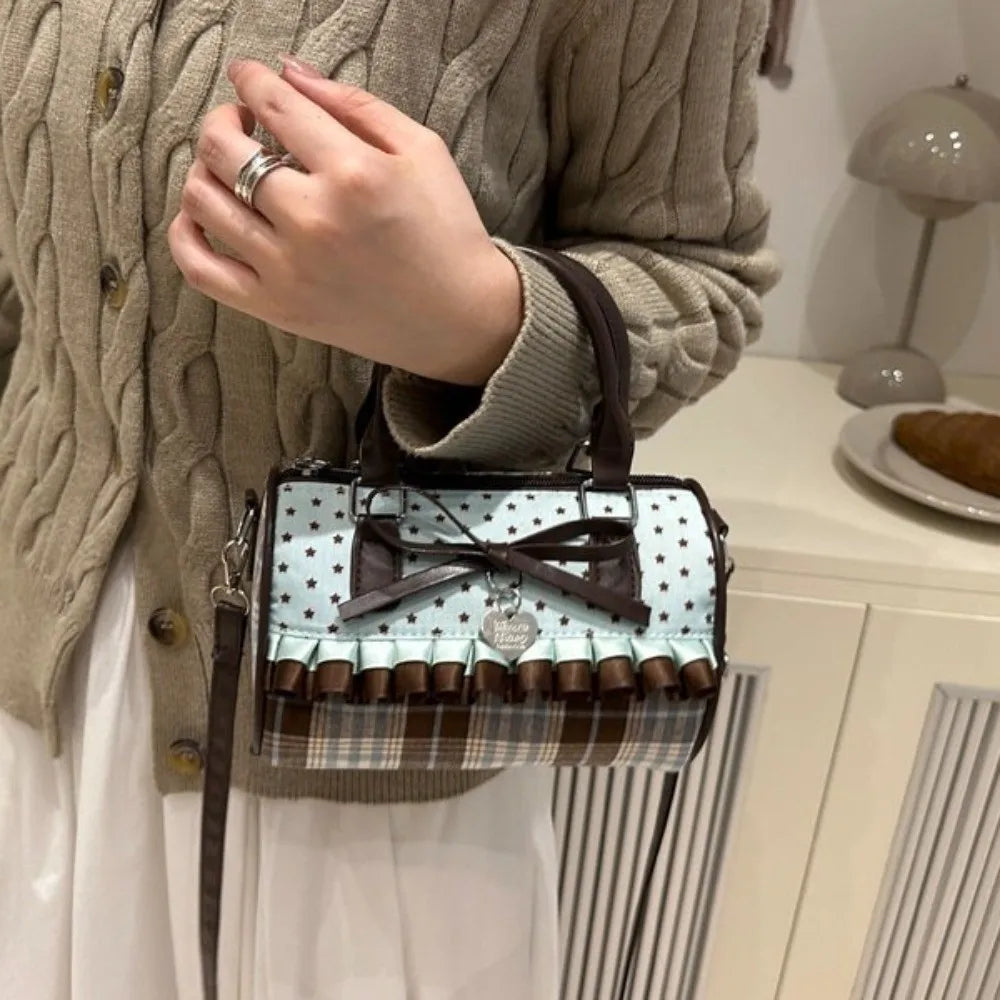 Vintage Portable Bow Polka Dot Handbag Color-blocked Lace Trim Bowler Bag Lightweight Exquisite Crossbody Bag Daily Use