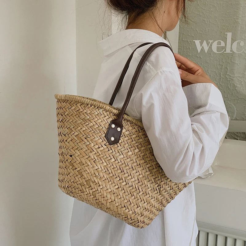 Handmade Women's Shoulder Bag Large Capacity Handbags Bohemian Summer Straw Beach Bag Female Shopper Basket Woven Tote Bags