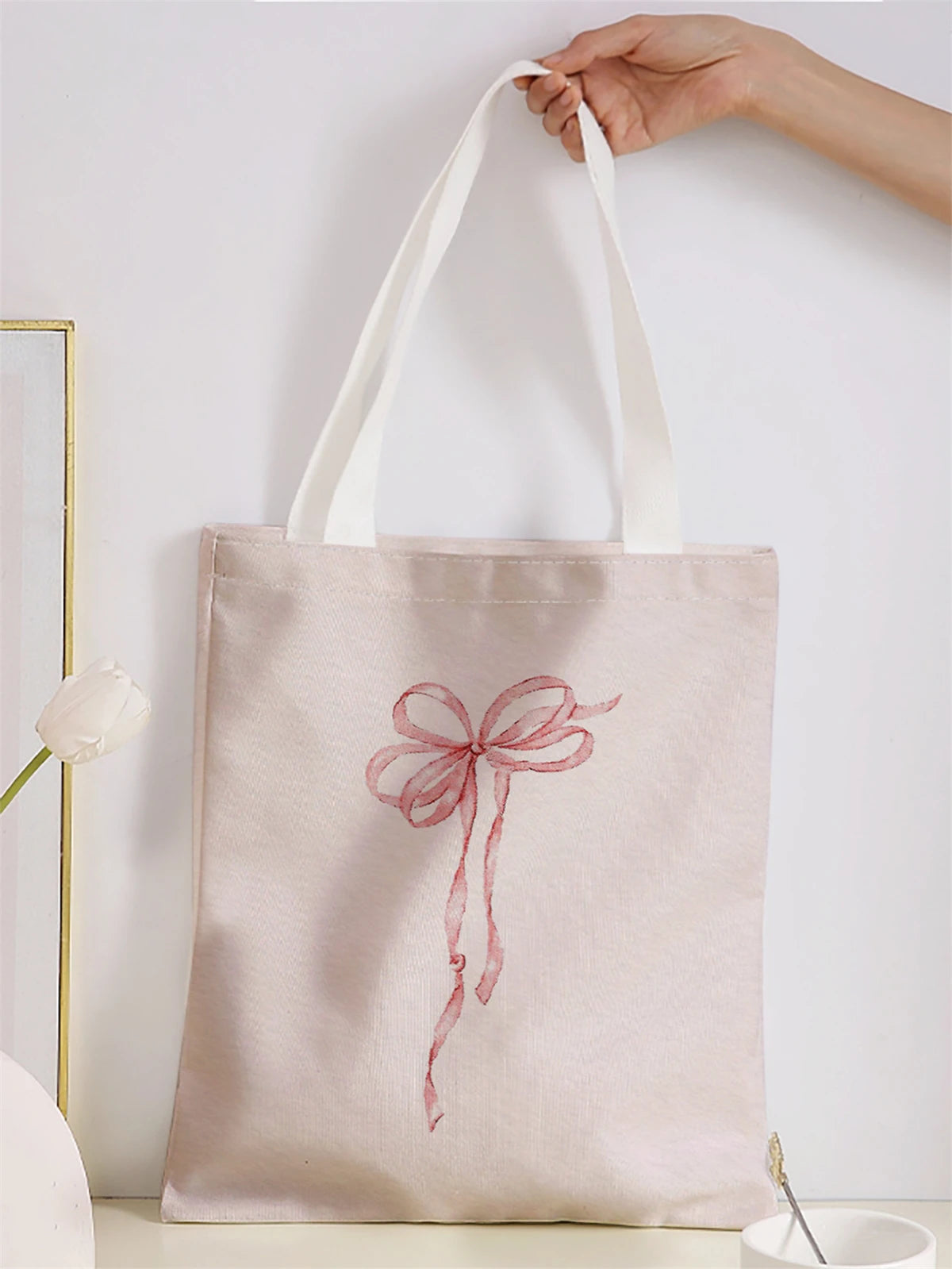 Bow pattern printed casual handbag, reusable fashionable backpack, multifunctional handbag, canvas shopping bag