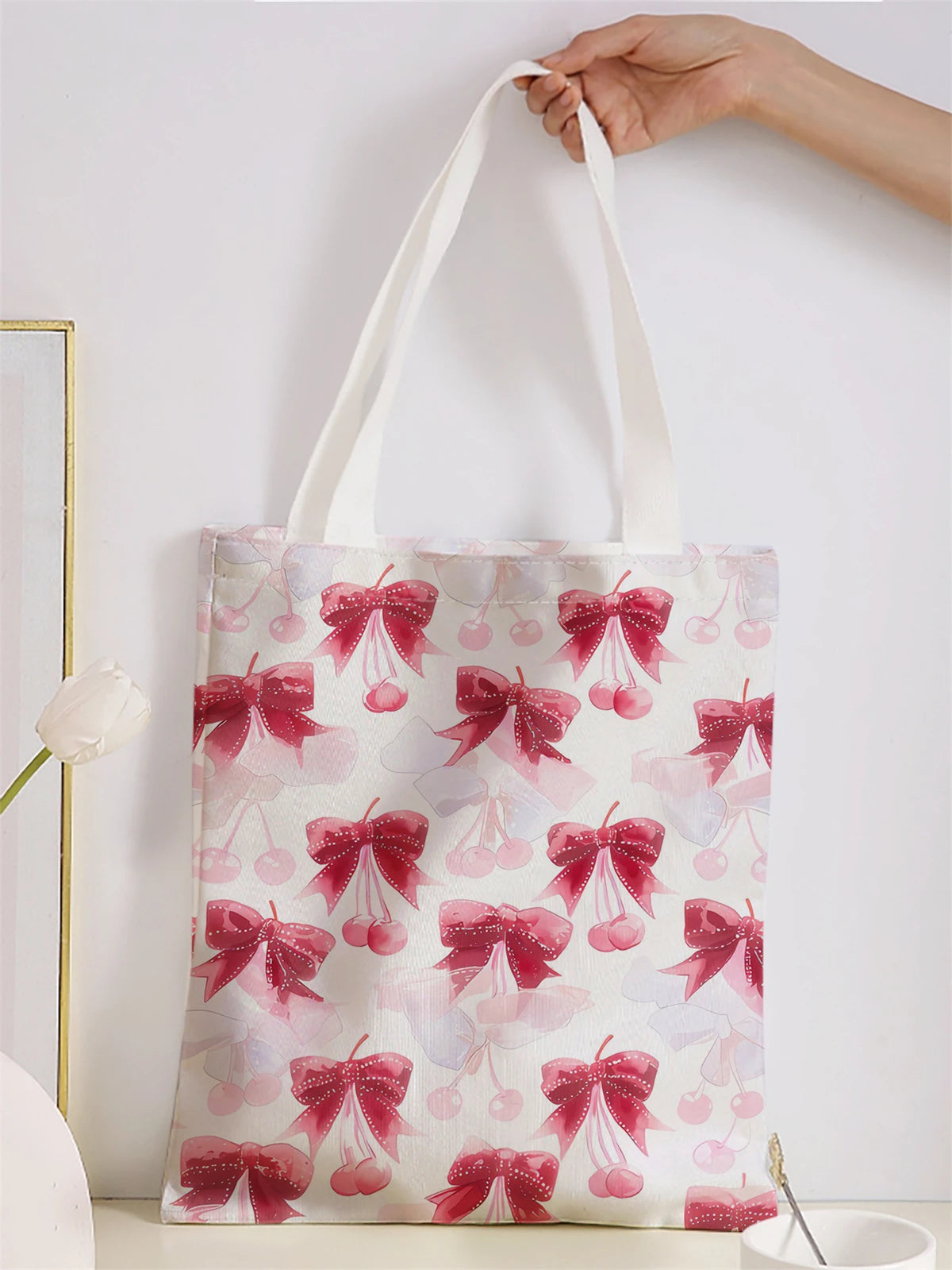 Bow pattern printed casual handbag, reusable fashionable backpack, multifunctional handbag, canvas shopping bag