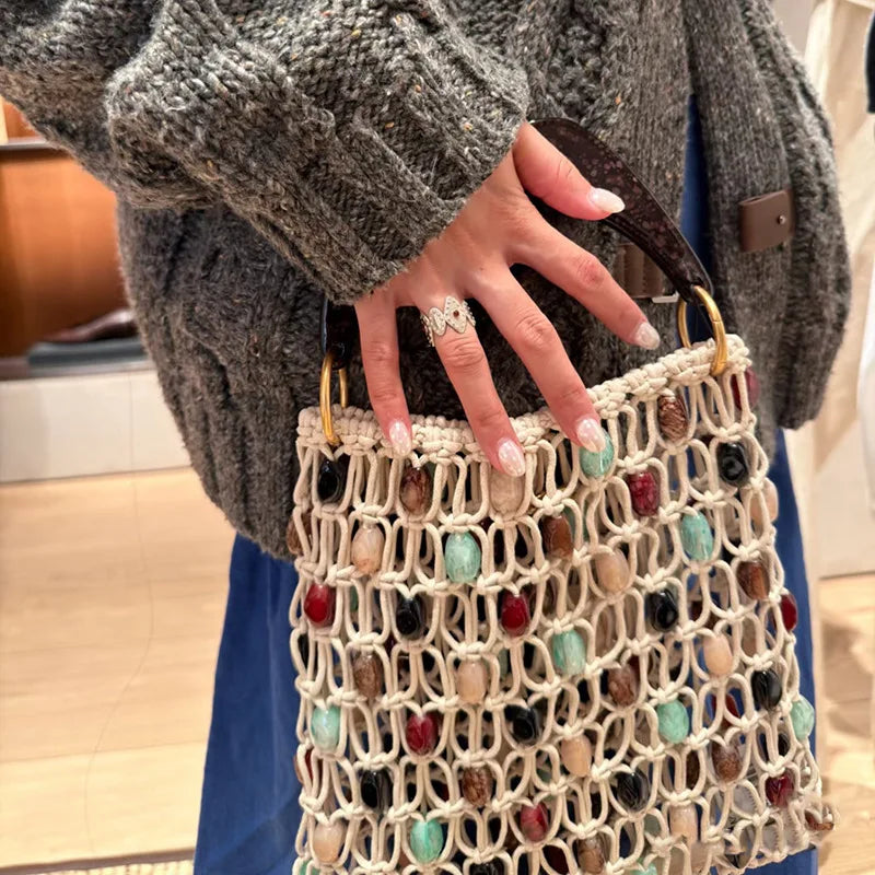 Handmade Woven Beaded Lattice Handbag,high-end Fashion Openwork Bag With Wooden Handle,niche Casual Large Capacity Shoulder Bags