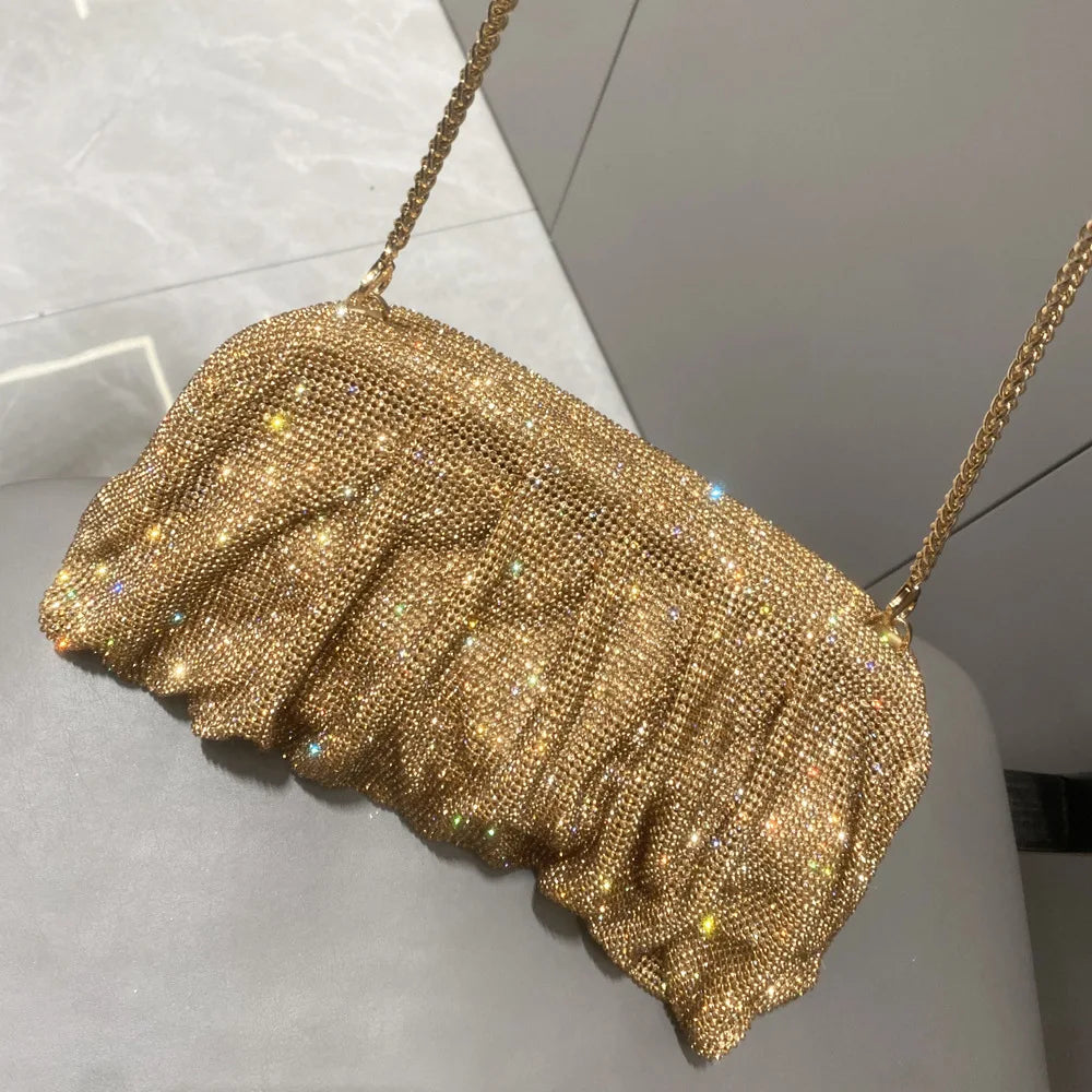 Elegant Shiny Rhinestone Evening Clutch Bags Women New Folds Crystal Clip Purses and Handbags Designer Wedding Party