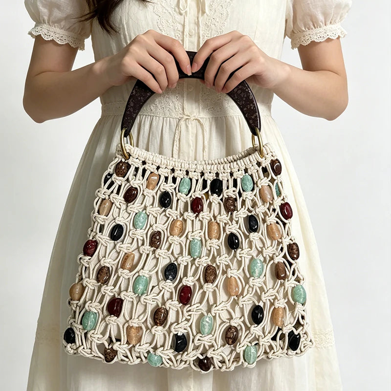Handmade Woven Beaded Lattice Handbag,high-end Fashion Openwork Bag With Wooden Handle,niche Casual Large Capacity Shoulder Bags