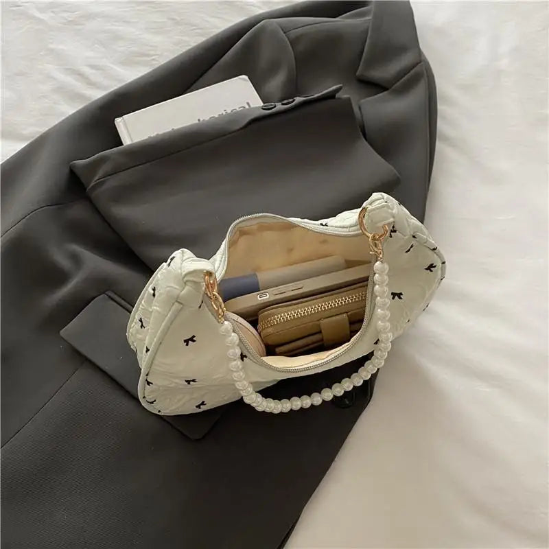 Unique Fashion Bow Handbag with Wrinkled Design Versatile Shoulder Underarm Purse for Women