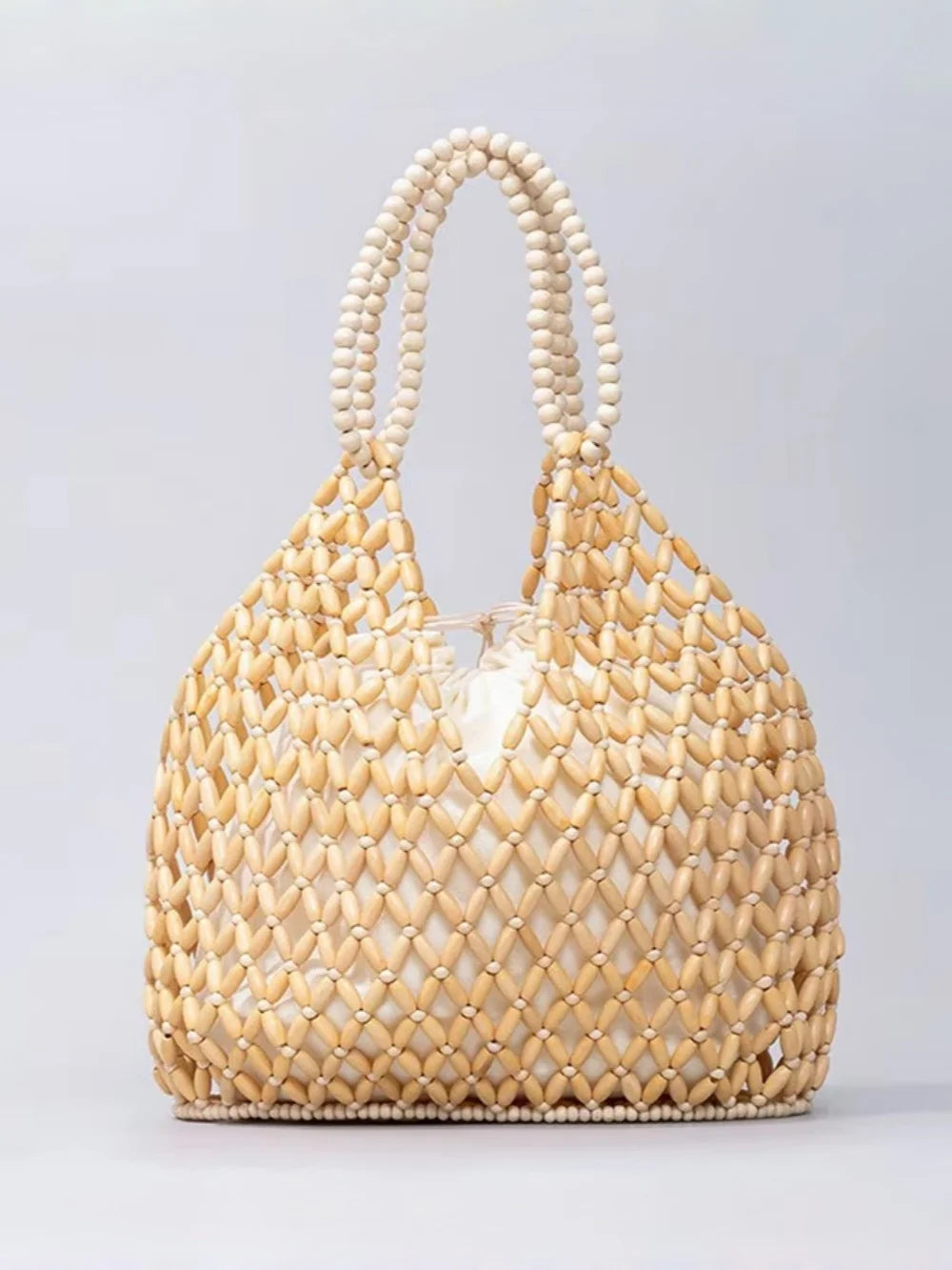 Handmade Woven Beaded Handbag For Women Exquisite Hollow-out Wooden Beaded Shoulder Bag Female Beach Bag