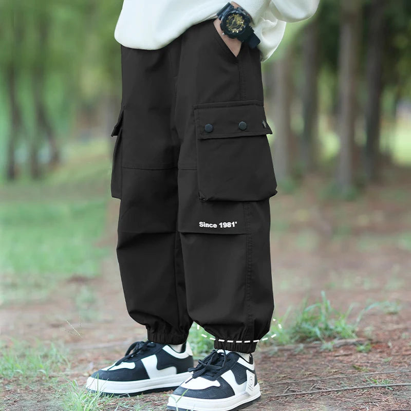 Spring Autumn Teenage Boys Cargo Pants Kids Fashion Windproof Waterproof Outdoor Trousers For 4-14 Years Children Casual Outfits